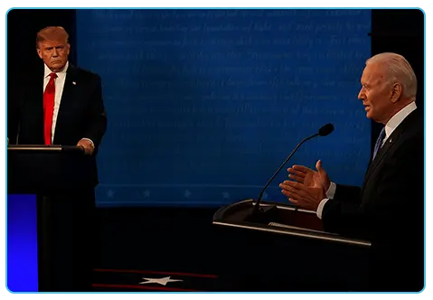 Donald Trump and Joe Biden during a 2020 presidential debate, reflecting the unprecedented political and pandemic context.