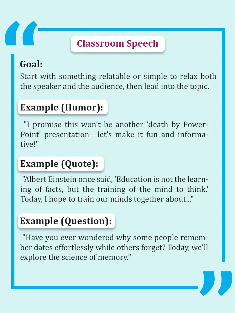 Creative attention getter examples for self-introduction speeches, featuring personal stories, humor, and relatable quotes to engage listeners