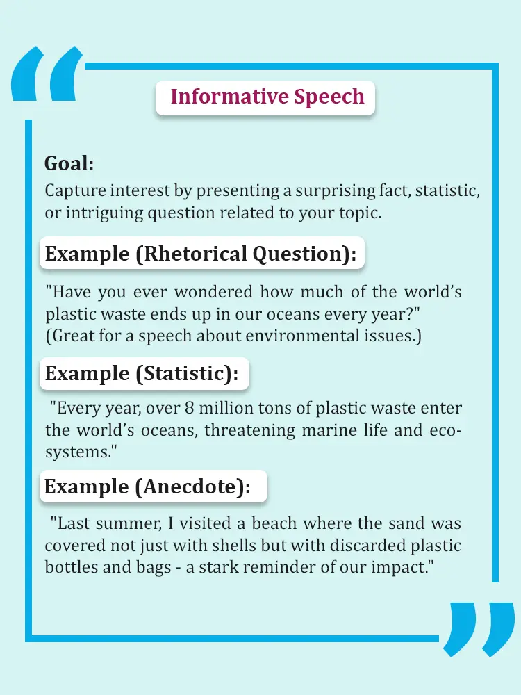 Examples of attention getters for informative speeches using quotes, questions, and facts from famous speakers to engage the audience