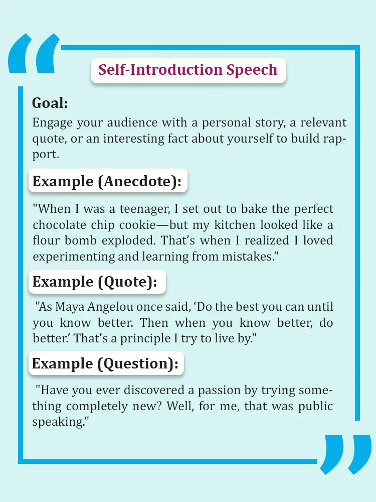 Creative attention getter examples for self-introduction speeches, featuring personal stories, humor, and relatable quotes to engage listeners