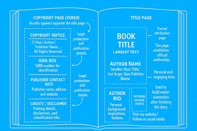 Diagram of a book’s copyright page and title page showing elements such as copyright notice, ISBN box, publisher info, book title, author name, author bio, and optional author photo.
