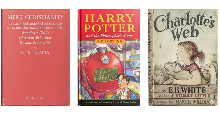 Book covers of “Mere Christianity” by C.S. Lewis, “Harry Potter and the Philosopher’s Stone” by J.K. Rowling, and “Charlotte’s Web” by E.B. White displayed side by side.