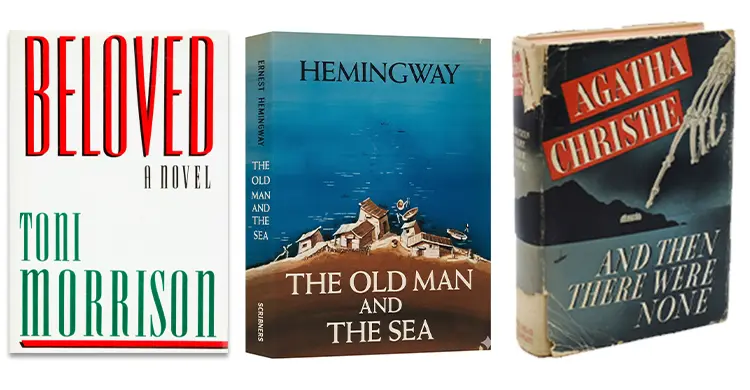 Book covers of “Beloved” by Toni Morrison, “The Old Man and the Sea” by Ernest Hemingway, and “And Then There Were None” by Agatha Christie placed side by side.