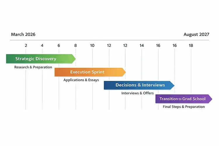 Grad school application timeline 2026?2027 showing strategic discovery, applications, interviews, decisions, and transition to graduate school phases from March 2026 to August 2027.