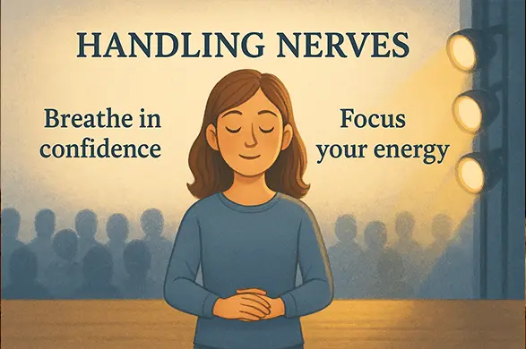 Infographic with tips for handling nerves in debates, including breathing exercises, mindset shifts, and preparation strategies to build confidence on stage