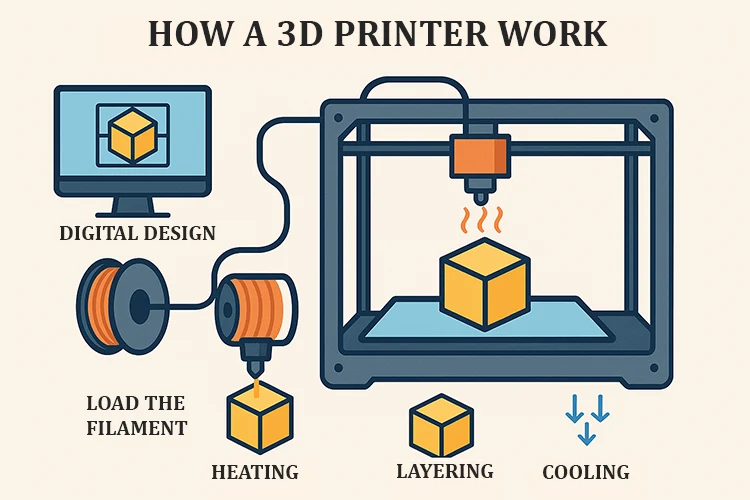 Diagram illustrating how a 3D printer works, showing key components and the layer-by-layer printing process.