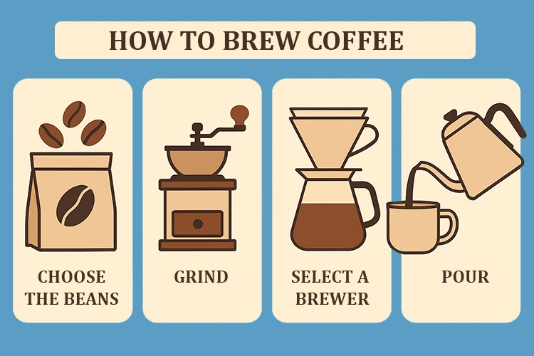 Visual guide demonstrating how to brew coffee, including tools, brewing steps, and serving tips.