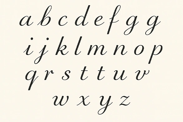 Lowercase cursive alphabet chart showing how to write each letter with smooth strokes.