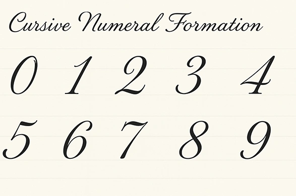 Number formation in cursive showing how to write digits 0?9 with smooth, connected strokes.
