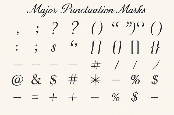 Cursive punctuation marks chart showing how to write common punctuation with stylish cursive strokes.