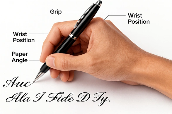 Step-by-step cursive writing guide showing how to form letters and improve handwriting skills.