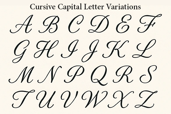 Uppercase cursive alphabet chart showing how to write each capital letter with elegant strokes.