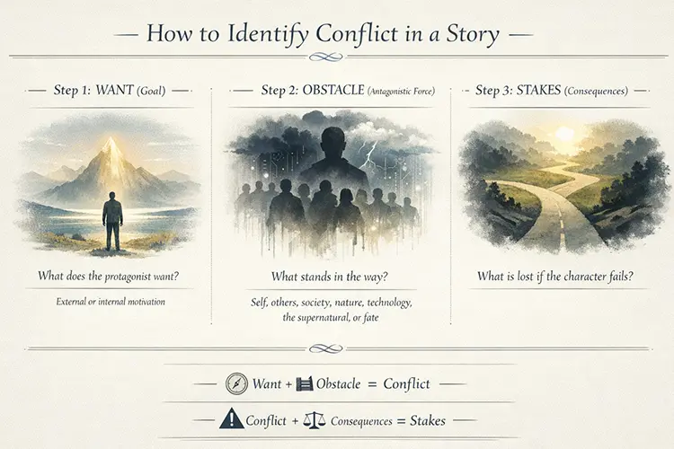 Learn how to identify conflict in a story to analyze and understand its structure.