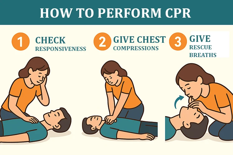Illustration showing the steps to perform CPR, including chest compressions and rescue breathing for emergency response.