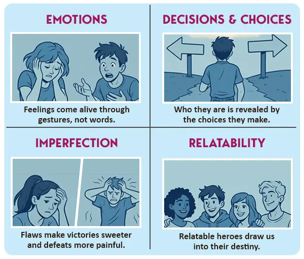 Relatable character illustration showing emotions and human attributes for storytelling