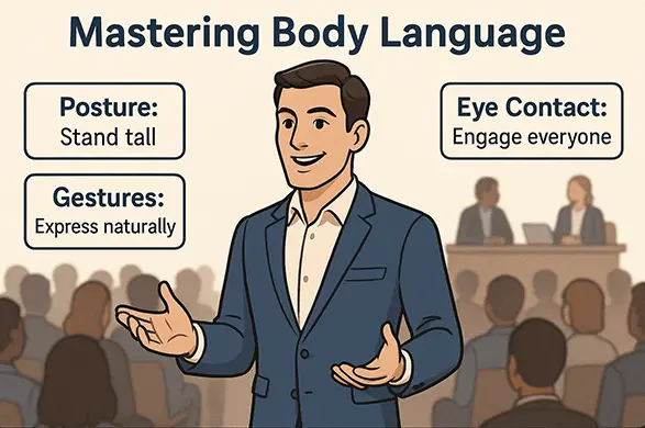 Infographic illustrating key body language techniques for mastering confidence and presence in debates, including posture, gestures, and eye contact tips