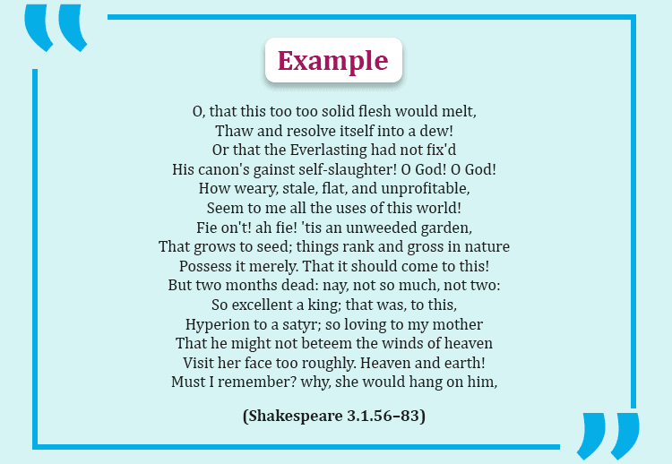 MLA citation example showing how to format Hamlet?s soliloquy ?O, that this too too solid flesh would melt? with act, scene, and line numbers.