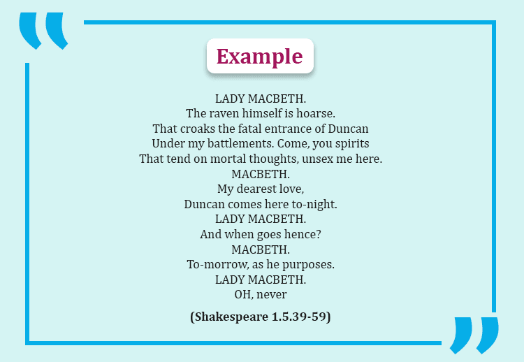 MLA citation example showing how to format dialogue between Lady Macbeth and Macbeth with act, scene, and line numbers.