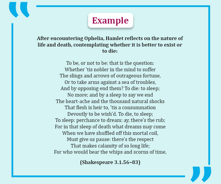 MLA citation example showing how to format a long quote from Shakespeare?s Hamlet with act, scene, and line numbers.