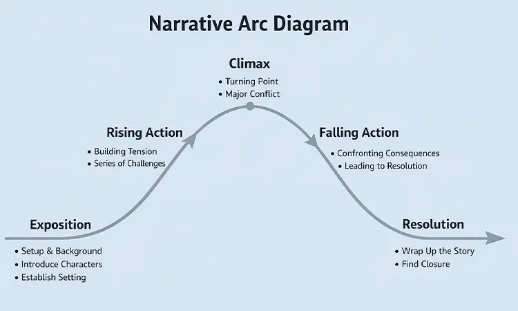 Narrative arc diagram showing exposition, rising action, climax, and resolution
