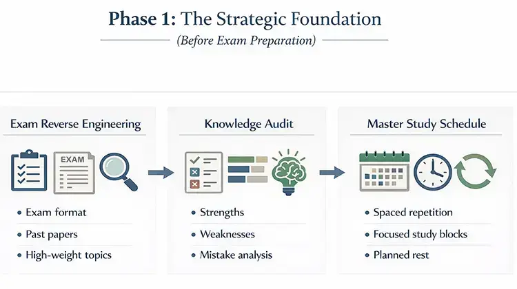 Phase 1 strategic foundation for exam preparation including reverse engineering and study planning