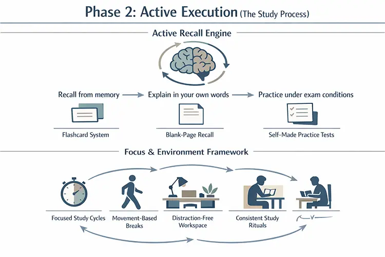 Phase 2 active execution showing active recall, practice tests, and focused study environment