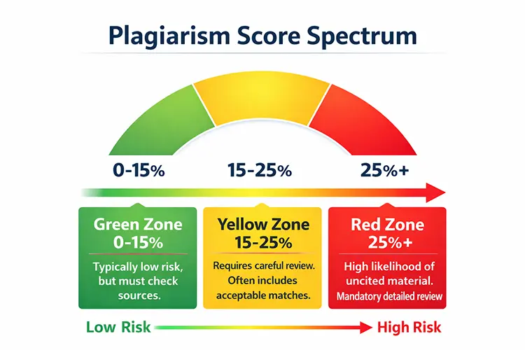 Plagiarism score spectrum showing different similarity percentage ranges in plagiarism reports and what each score means for academic writing.