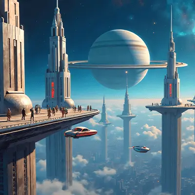 Science fiction novel genre illustration featuring futuristic technology and imaginative worlds