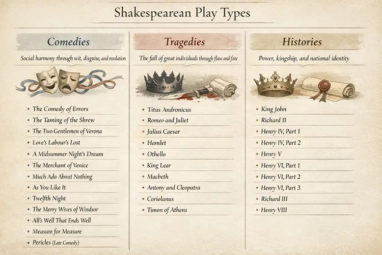 Types of Shakespearean plays including tragedy, comedy, history, and romance