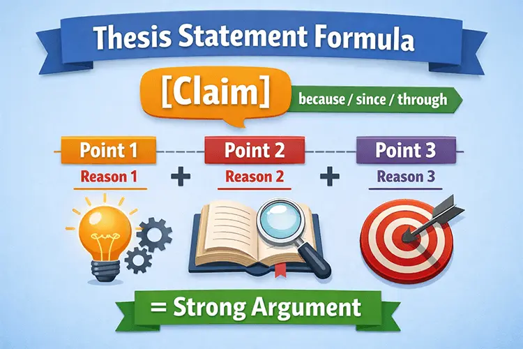 3-point thesis statement formula diagram showing claim plus three supporting reasons to build a strong academic argument