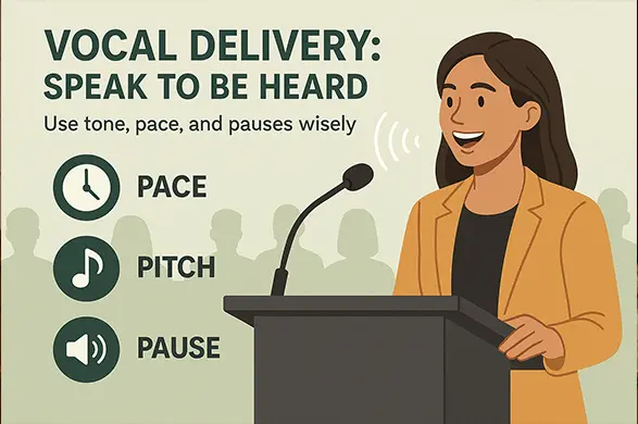 Infographic on vocal delivery techniques for debates, covering tone, pace, volume, and emphasis to enhance speech impact and audience engagement