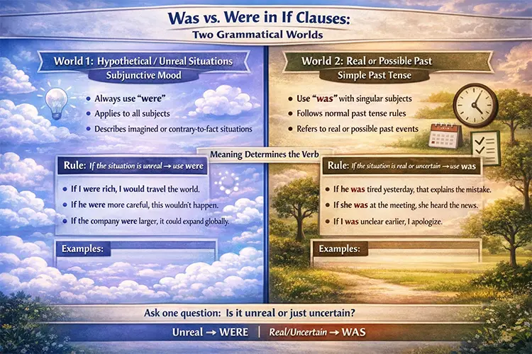 Infographic explaining was vs were in if clauses with examples of subjunctive mood and real past tense usage