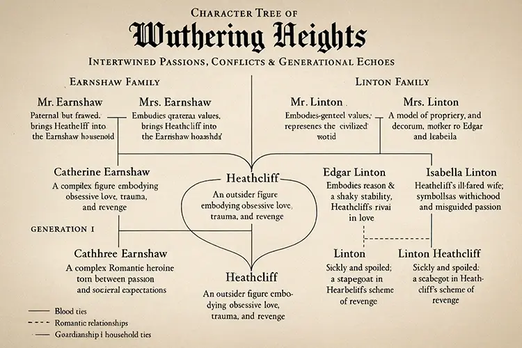 Family and character tree of Wuthering Heights showing relationships